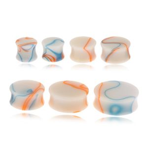 Akrylowy plug do ucha, beżowy kolor, niebiesko-pomarańczowe linie - Szerokość: 11 mm, Kolor: Modro-oražová