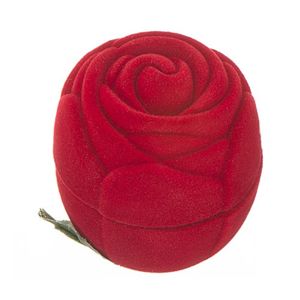 Aksamitne pudełeczko na pierścionek - czerwona róża z listkami