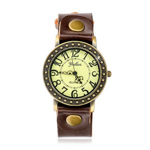 Analogowy zegarek na rękę, brązowy pasek, okrągły cyferblat