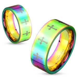 Barwny stalowy pierścionek o lśniącej powierzchni z krzyżykami srebrnego koloru, 6 mm - Rozmiar : 55