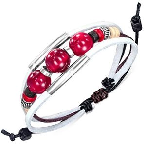 Biała skórzana bransoletki Multi, rurki, brązowy sznurek, czerwone kulki
