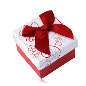 Biało-czerwone pudełko ozdobne na kolczyki i pierścionek - ozdoby i czerwoną kokardkę