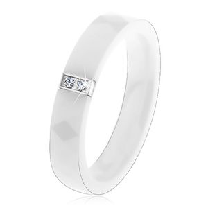 Biały ceramiczny pierścionek o gładkiej powierzchni, stalowy prostokąt z cyrkoniami - Rozmiar : 65