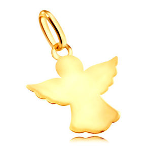 Błyszcząca złota zawieszka 585 - anioł z rzeźbionymi rozpostartymi skrzydłami w szatach