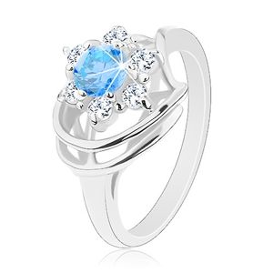 Błyszczący pierścionek, niebiesko-przezroczysty cyrkoniowy kwiatek, lśniące łuki - Rozmiar : 49