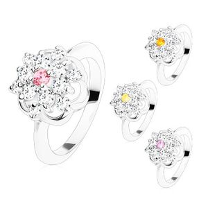 Błyszczący pierścionek o lśniących ramionach, oszlifowane barwne cyrkonie, kontur kwiatu - Rozmiar : 49, Kolor: Różowy