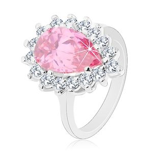 Błyszczący pierścionek o wąskich ramionach, różowa cyrkoniowa łza, okrągłe cyrkonie - Rozmiar : 51