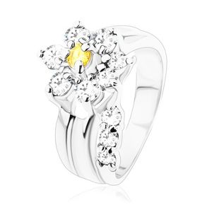 Błyszczący pierścionek, oddzielona cyrkoniowa przezroczysta łodyga, kwiatek żółtego i bezbarwnego koloru - Rozmiar : 49