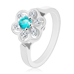 Błyszczący pierścionek ozdobiony przezroczystym kwiatkiem z cyrkonią jasnoniebieskiego koloru  - Rozmiar : 53