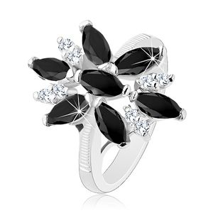 Błyszczący pierścionek srebrnego koloru, czarno-przezroczysty cyrkoniowy kwiat, lśniące ramiona - Rozmiar : 49