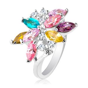 Błyszczący pierścionek srebrnego koloru, duży asymetryczny kwiat z kolorowych cyrkonii - Rozmiar : 56