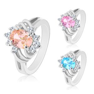 Błyszczący pierścionek srebrnego koloru, duży barwny owal, cienkie łuki i bezbarwne cyrkonie - Rozmiar : 53, Kolor: Różowy