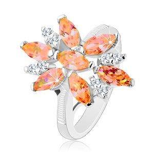 Błyszczący pierścionek srebrnego koloru, duży kwiat z pomarańczowych i bezbarwnych cyrkonii - Rozmiar : 50