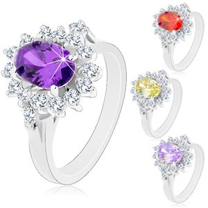 Błyszczący pierścionek srebrnego koloru, duży owalny kwiat z cyrkonii - Rozmiar : 53, Kolor: Fioletowy jasny