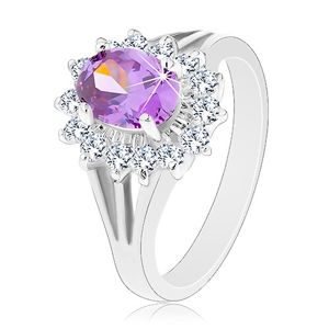 Błyszczący pierścionek srebrnego koloru, fioletowy owal, cyrkoniowa oprawa - Rozmiar : 61