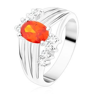 Błyszczący pierścionek srebrnego koloru, pomarańczowa owalna cyrkonia, lśniące pasy, bezbarwne cyrkonie - Rozmiar : 49