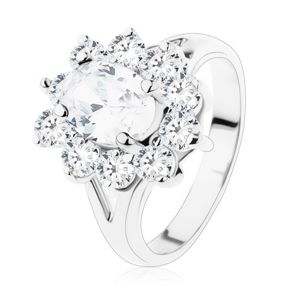 Błyszczący pierścionek srebrnego koloru, rozdwojone ramiona i przezroczyste cyrkonie - Rozmiar : 56