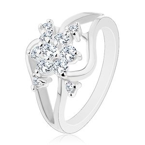 Błyszczący pierścionek srebrnego koloru, rozdzielone faliste ramiona, przezroczysty kwiat - Rozmiar : 60