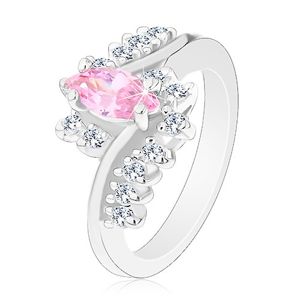 Błyszczący pierścionek srebrnego koloru, różowe ziarenko, cyrkoniowe przezroczyste linie  - Rozmiar : 51
