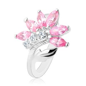 Błyszczący pierścionek srebrnego koloru, różowo-przezroczysty cyrkoniowy kwiat, lśniący liść - Rozmiar : 57