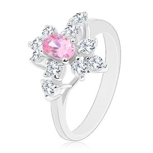 Błyszczący pierścionek srebrnego koloru, różowy owal, przezroczyste cyrkonie - Rozmiar : 58