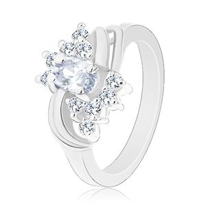 Błyszczący pierścionek srebrnego koloru z przezroczystymi cyrkoniami, gładkie pary łuków - Rozmiar : 60