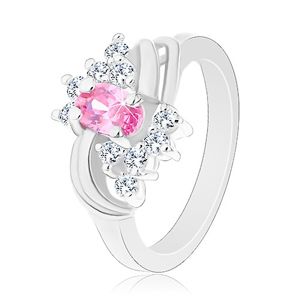 Błyszczący pierścionek srebrnego koloru z różowym owalem, przezroczyste cyrkonie, łuki - Rozmiar : 54