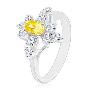 Błyszczący pierścionek srebrnego koloru, żółty cyrkoniowy owal, okrągłe przezroczyste cyrkonie - Rozmiar : 52