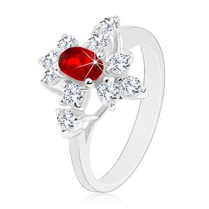 Błyszczący pierścionek, srebrny kolor, czerwony owal, przezroczyste cyrkonie - Rozmiar : 52