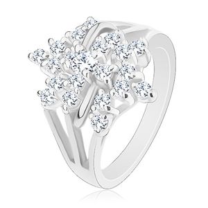 Błyszczący pierścionek, srebrny kolor, przezroczysty cyrkoniowy kwiat, rozgałęzione ramiona - Rozmiar : 60