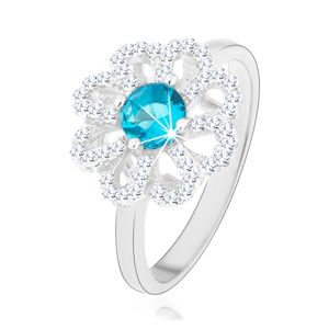 Błyszczący pierścionek, srebro 925, cyrkoniowy kwiat - przejrzyste płatki, jasnoniebieski środek - Rozmiar : 49