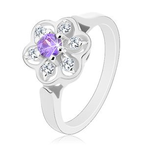 Błyszczący pierścionek w srebrnym odcieniu, fioletowo-przezroczysty cyrkoniowy kwiatek - Rozmiar : 56