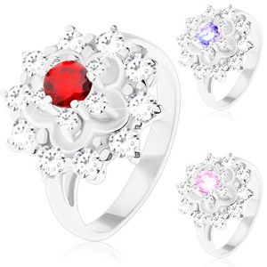 Błyszczący pierścionek w srebrnym odcieniu, kontur kwiatu, okrągłe cyrkonie - Rozmiar : 54, Kolor: Różowy