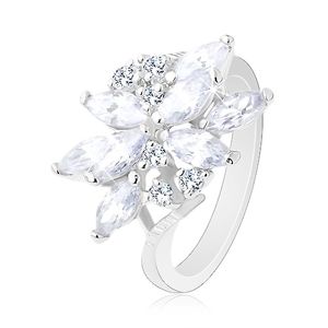 Błyszczący pierścionek w srebrnym odcieniu, kwiat - cyrkoniowe ziarenka różnych kolorów - Rozmiar : 50, Kolor: Jasnofioletowy