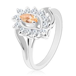 Błyszczący pierścionek w srebrnym odcieniu, pomarańczowe ziarenko, przezroczyste cyrkonie - Rozmiar : 56
