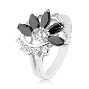 Błyszczący pierścionek w srebrnym odcieniu, przezroczysty cyrkoniowy łuk, czarny niepełny kwiat - Rozmiar : 47