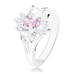 Błyszczący pierścionek w srebrnym odcieniu, rozdzielone ramiona, różowo-przezroczysty kwiat - Rozmiar : 50