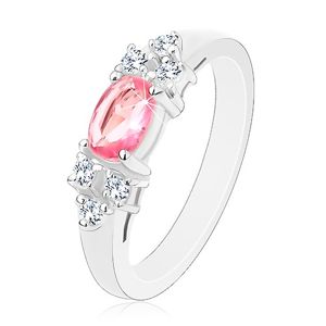 Błyszczący pierścionek w srebrnym odcieniu, różowo-bezbarwna cyrkoniowa kokardka - Rozmiar : 50