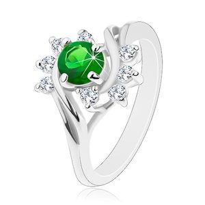 Błyszczący pierścionek w srebrnym odcieniu, zielono-przezroczyste cyrkonie, gładkie łuki - Rozmiar : 55