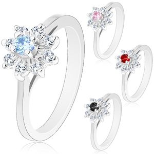 Błyszczący pierścionek w srebrnym odcieniu, zwężone ramiona, cyrkoniowy kwiatek - Rozmiar : 54, Kolor: Jasnoniebieski