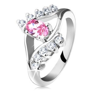 Błyszczący pierścionek z cyrkoniowym różowo-przezroczystym oczkiem, rozdwojone ramiona - Rozmiar : 56