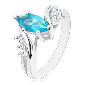 Błyszczący pierścionek z niebieskim ziarnem, rozdzielone ramiona z przejrzystymi cyrkoniami - Rozmiar : 49