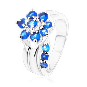 Błyszczący pierścionek z rozdzielonymi ramionami, cyrkoniowy kwiat w niebieskim odcieniu - Rozmiar : 49