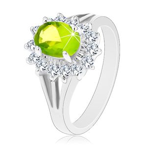 Błyszczący pierścionek z rozdzielonymi ramionami, cyrkoniowy owal zielonego koloru  - Rozmiar : 52
