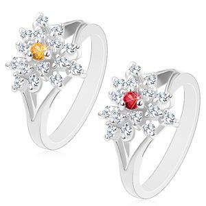 Błyszczący pierścionek z rozdzielonymi ramionami, przezroczysty cyrkoniowy kwiatek, barwny środek - Rozmiar : 53, Kolor: Czerwony