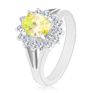 Błyszczący pierścionek z rozgałęzionymi ramionami, srebrny kolor, żółto-przezroczyste cyrkonie - Rozmiar : 55