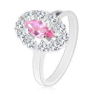 Błyszczący pierścionek z różowym wyszlifowanym ziarenkiem, owalna oprawa z przezroczystych cyrkonii - Rozmiar : 53