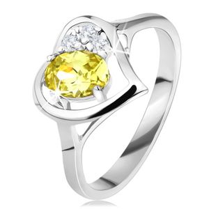 Błyszczący pierścionek z zarysem serca, zielono-żółta owalna cyrkonia, trzy przezroczyste cyrkonie - Rozmiar : 52