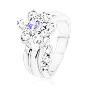 Błyszczący pierścionek, zagięta łodyga, cyrkoniowy kwiat jasnofioletowego i bezbarwnego koloru - Rozmiar : 53