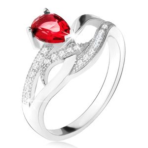 Błyszczący pierścionek ze srebra 925, czerwony kamień- łza, trzy cyrkoniowe linie - Rozmiar : 60